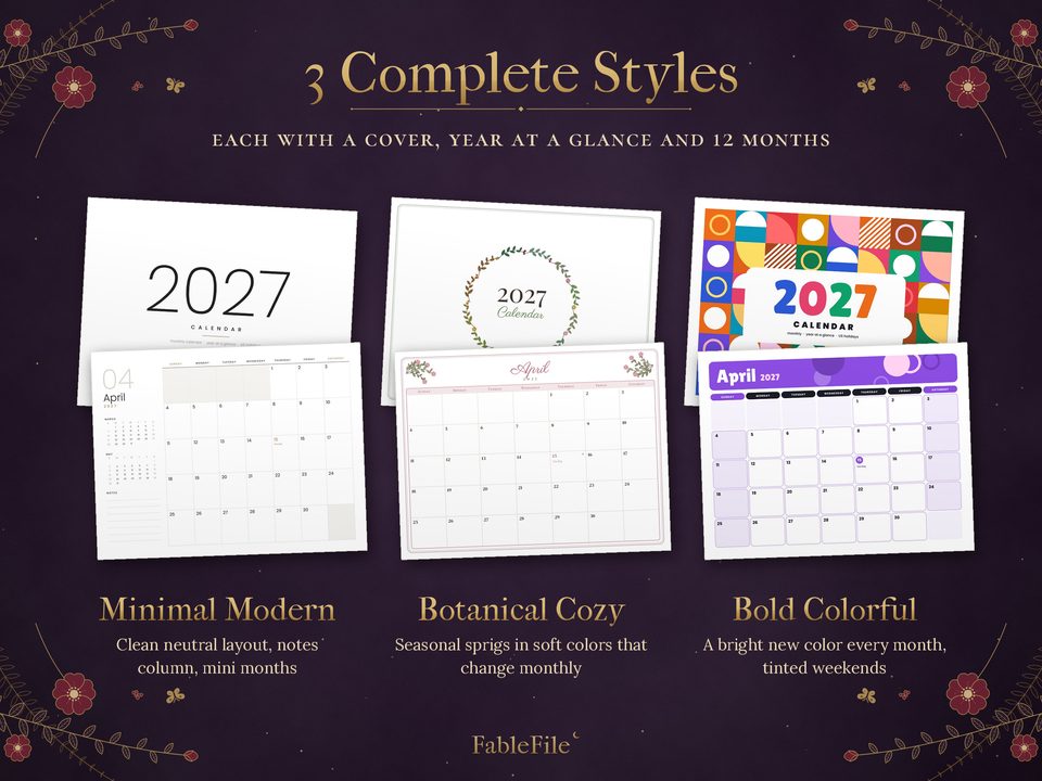2027 Printable Calendar: three styles