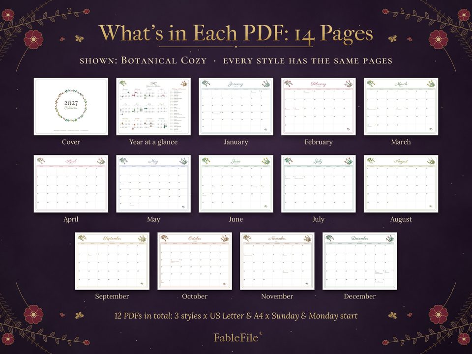 2027 Printable Calendar: what's inside 14 pages