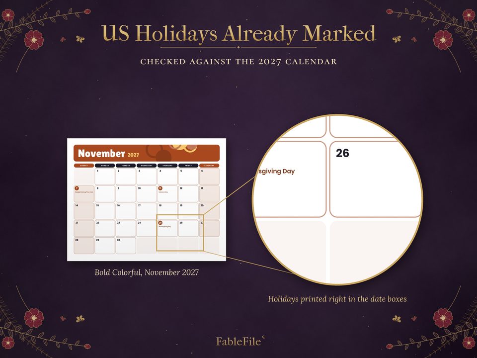 2027 Printable Calendar: holidays closeup