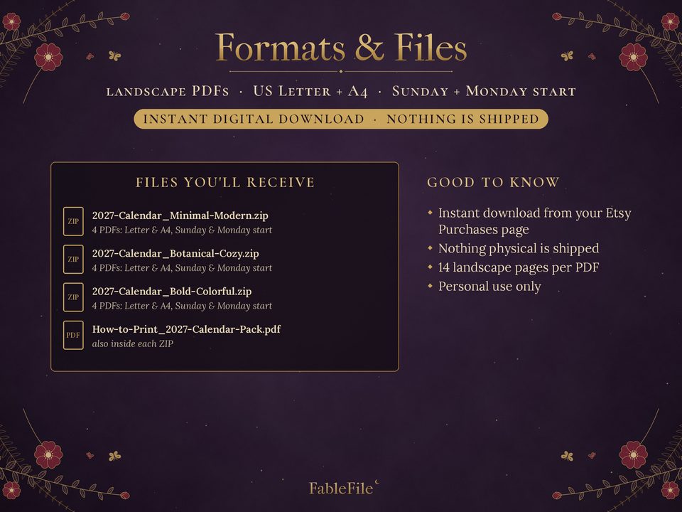 2027 Printable Calendar: formats and files
