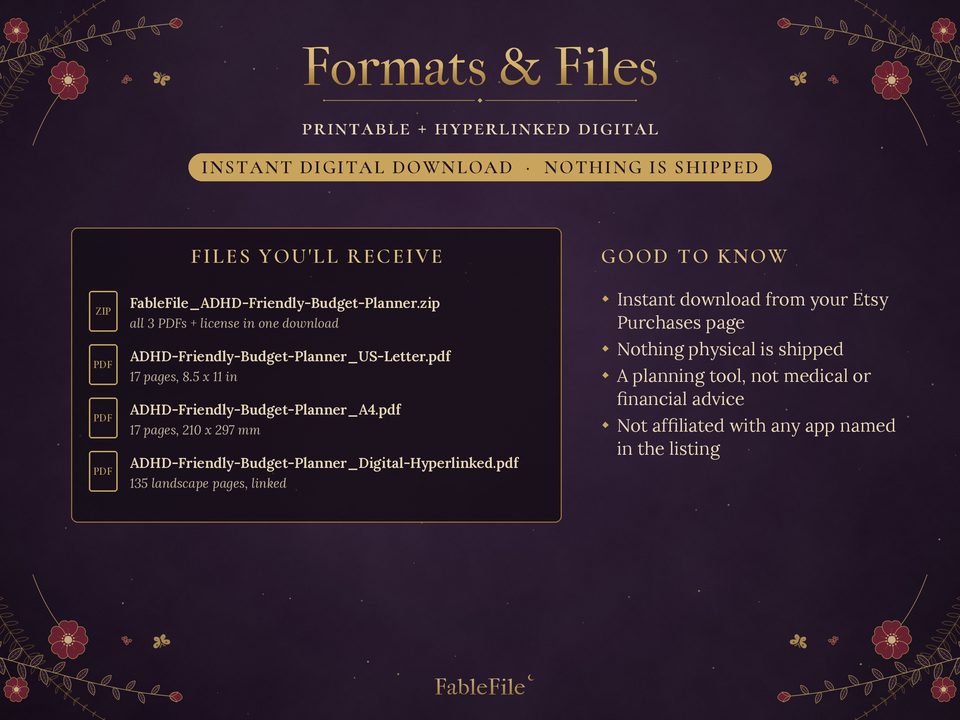 ADHD-Friendly Budget Planner: formats and files