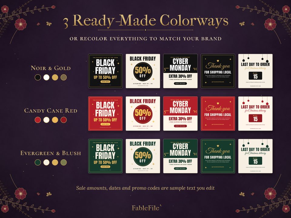 Black Friday Social Media Templates: three colorways