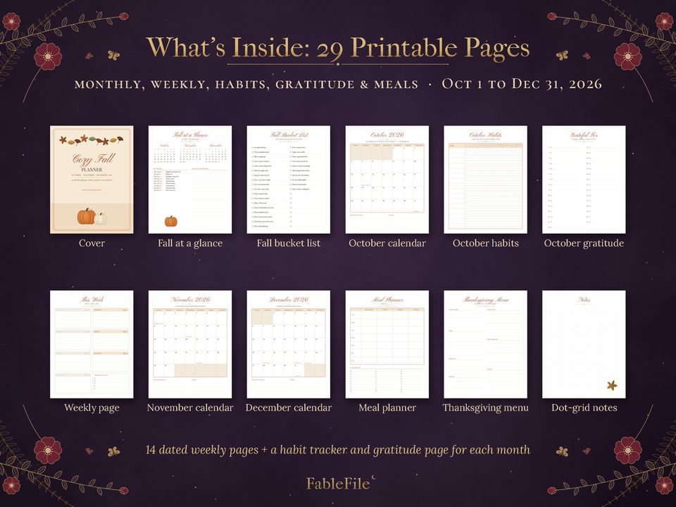 Cozy Fall Planner 2026: what's inside 29 pages