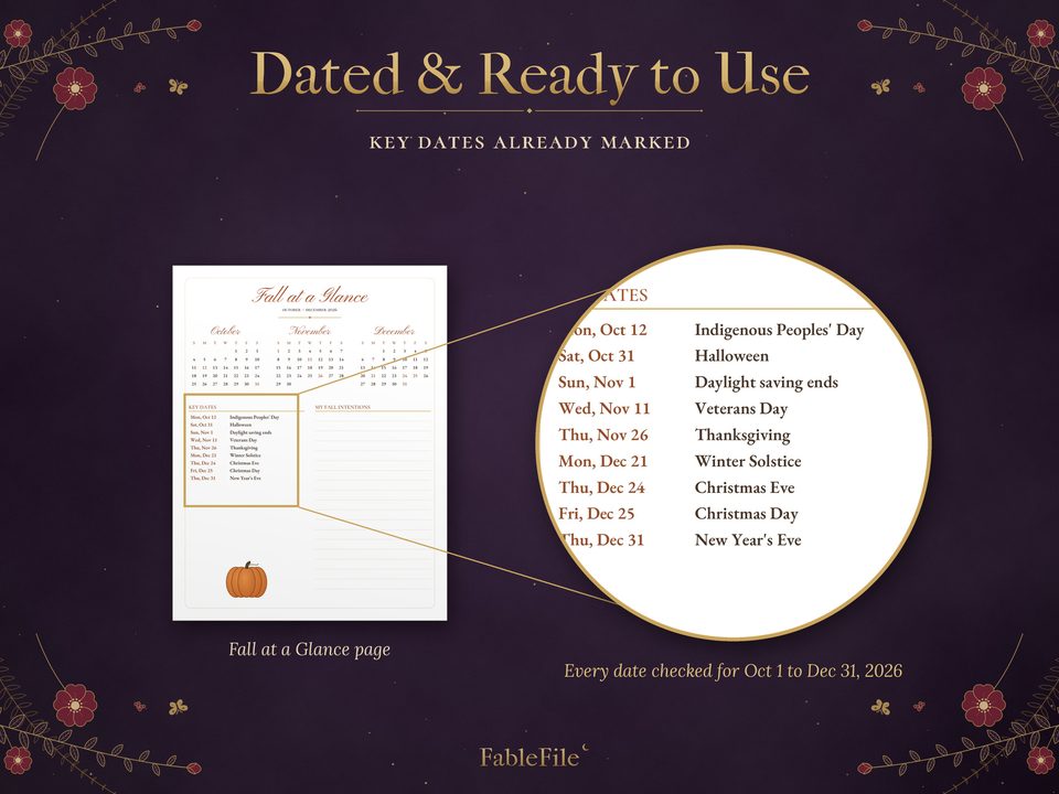 Cozy Fall Planner 2026: detail fall at a glance