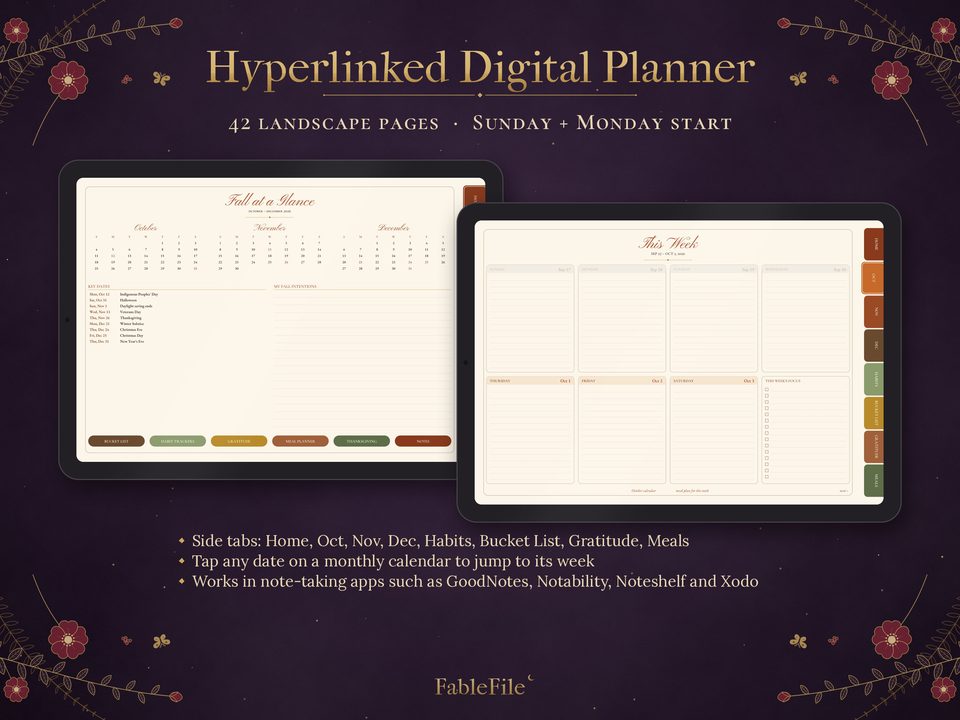 Cozy Fall Planner 2026: digital tabs and links