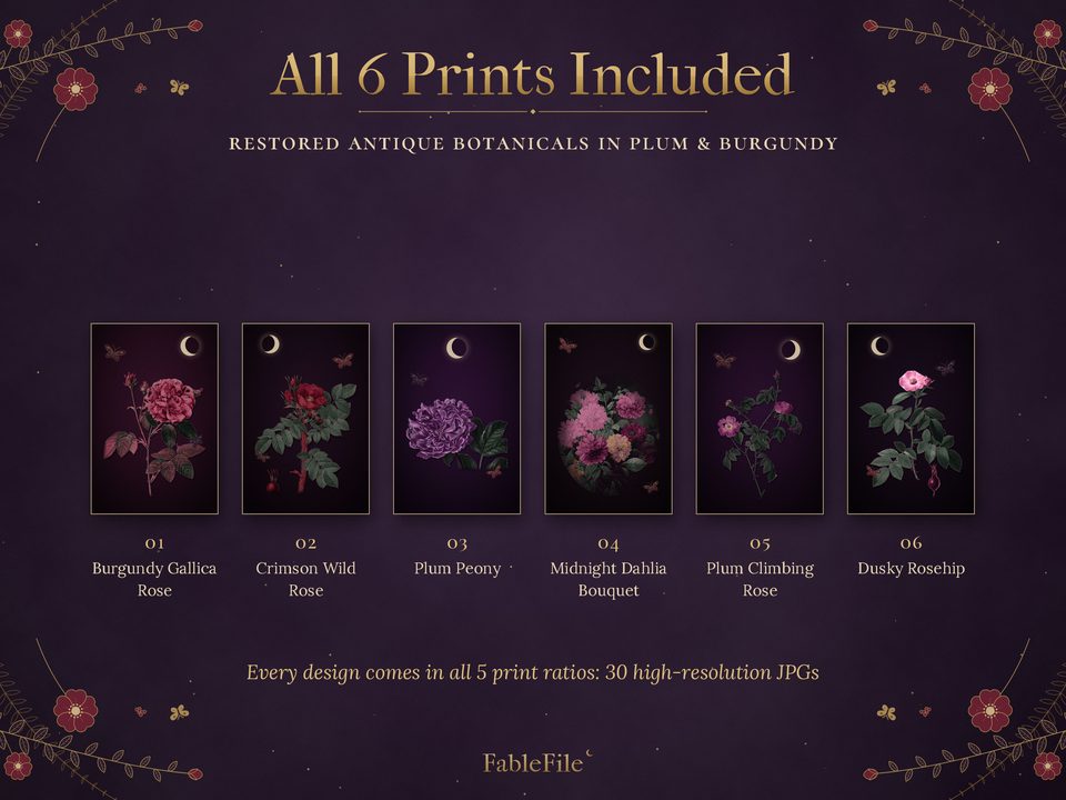 Redouté Gothic Rose Wall Art: what's included all six designs