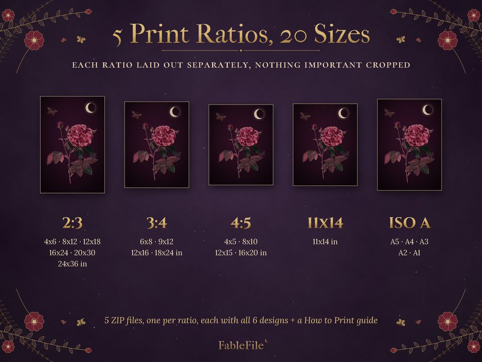 Redouté Gothic Rose Wall Art: print sizes