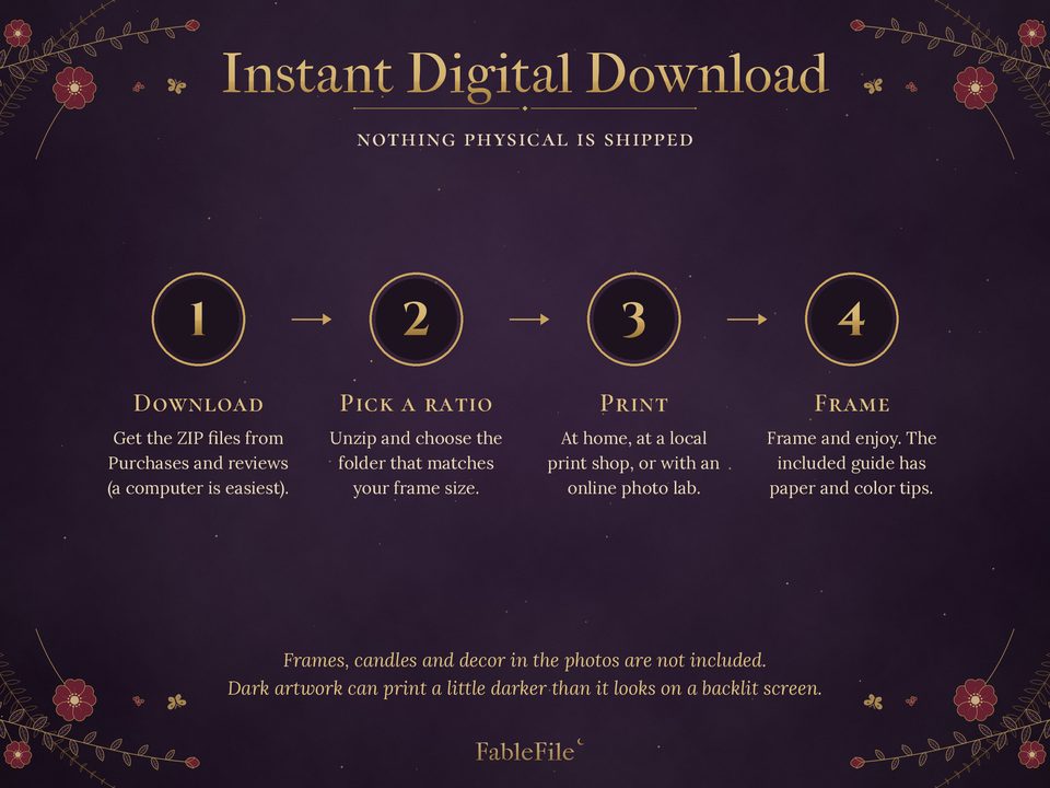 Redouté Gothic Rose Wall Art: how the instant download works
