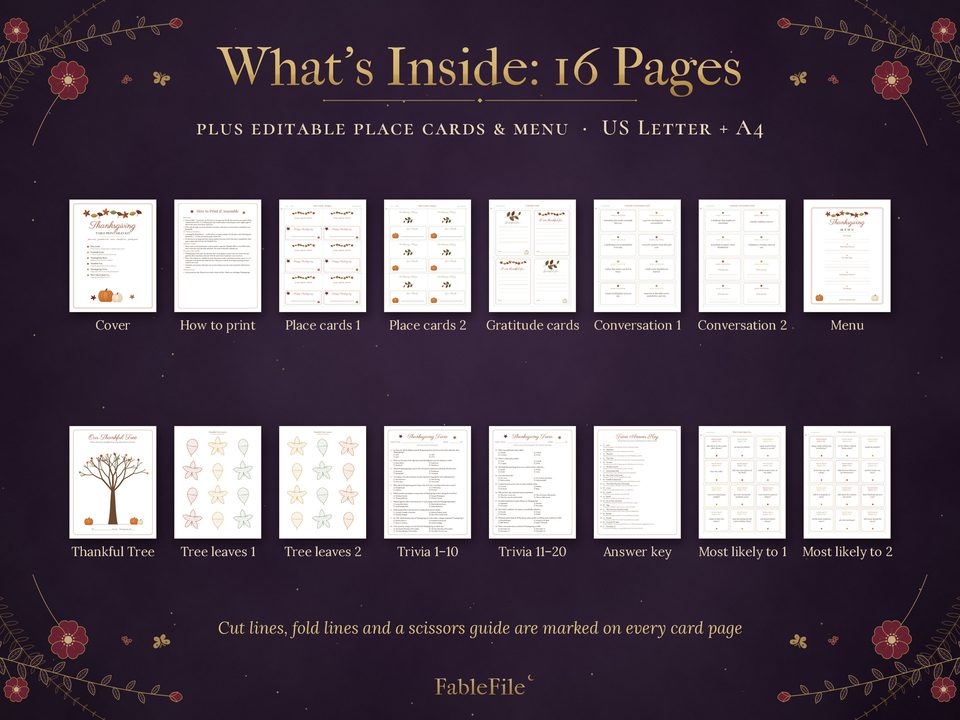 Thanksgiving Printables Kit: what's included 16 pages