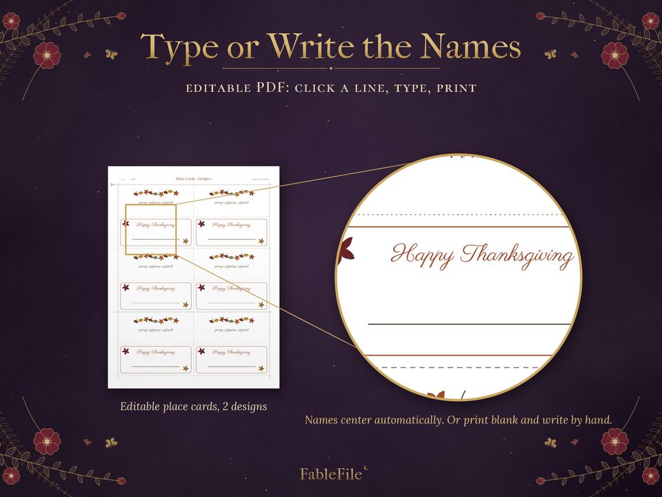 Thanksgiving Printables Kit: detail editable place cards