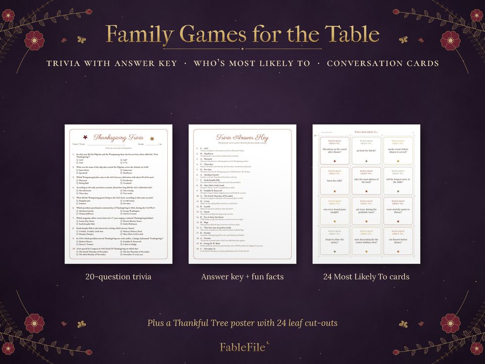 Thanksgiving Printables Kit: games trivia most likely