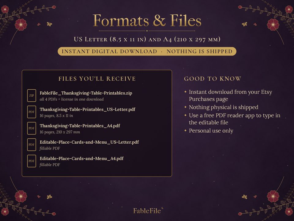 Thanksgiving Printables Kit: formats and files